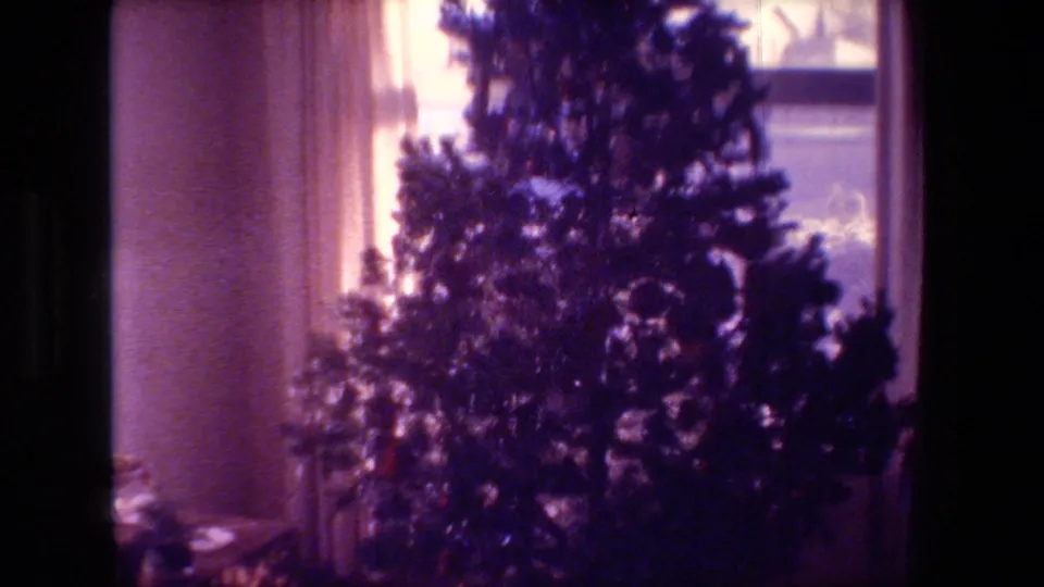 The 8mm frame shows the tree and ornaments against a bright curtained window, with soft magenta color shift and low interior exposure.