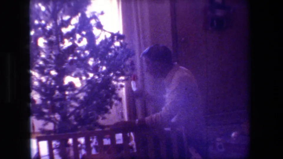 Adult man in a light shirt stands beside a Christmas tree near a bright window inside a Hollywood, California home interior from the 1981 clip.