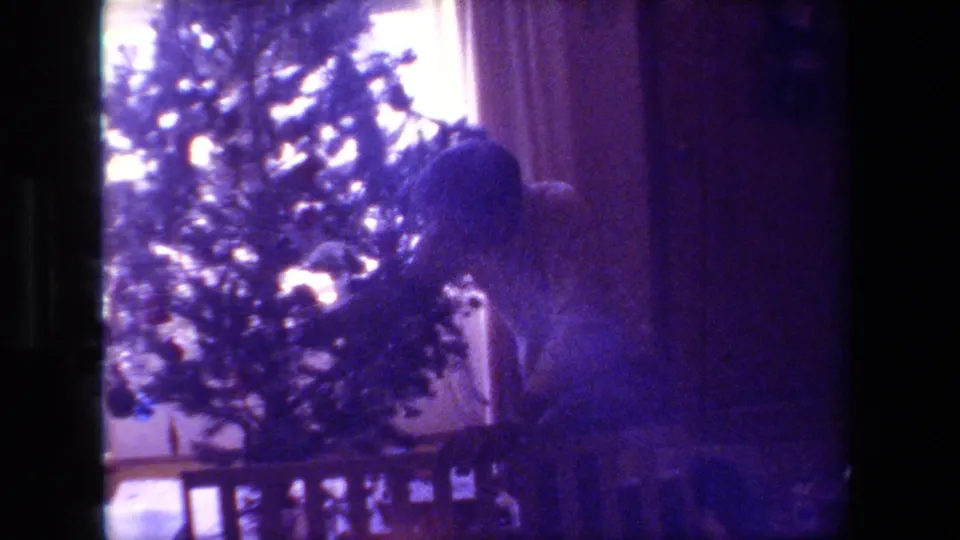 Adult man appears in profile as he reaches toward the Christmas tree in a dim private living room, with window light behind the branches.