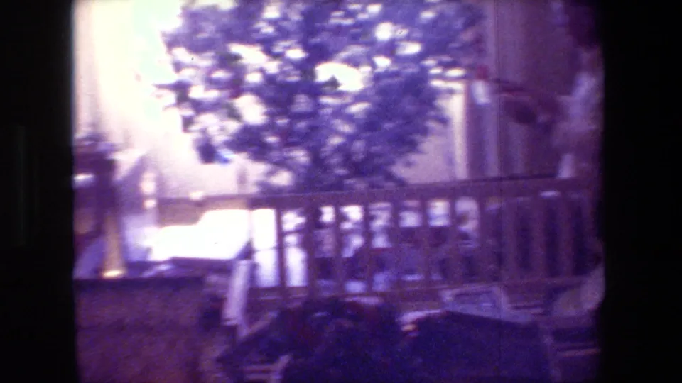 Christmas tree stands near the bright window while a person is partly visible at the right edge of the dim Hollywood home interior from the 1981 footage.