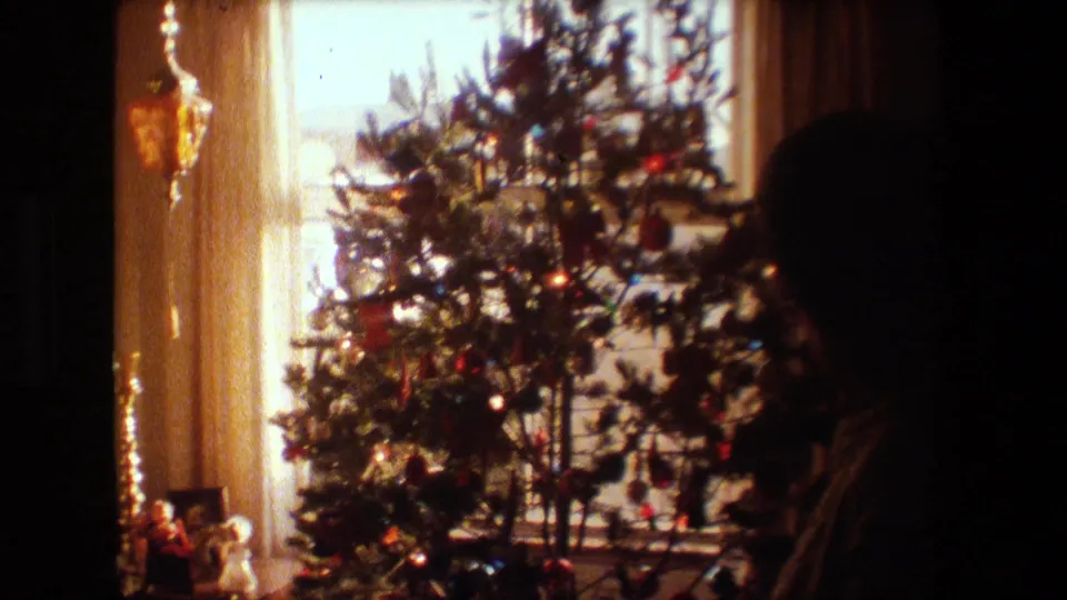 The frame shows a strongly silhouetted figure in the foreground with a decorated Christmas tree, ornaments, and a bright curtained window behind them.