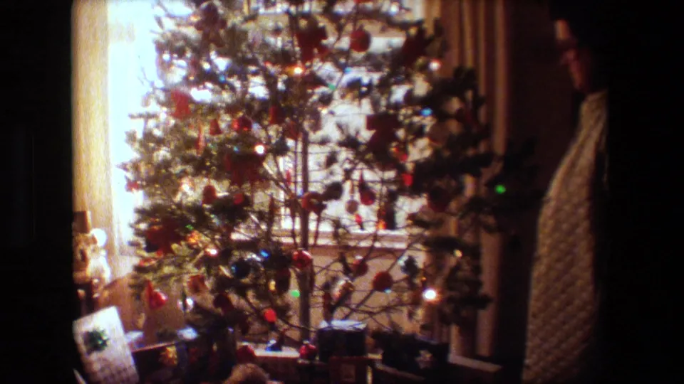 A decorated Christmas tree with lights and ornaments fills much of the frame while the woman remains partly visible at the right edge of the dim Lansing home interior.