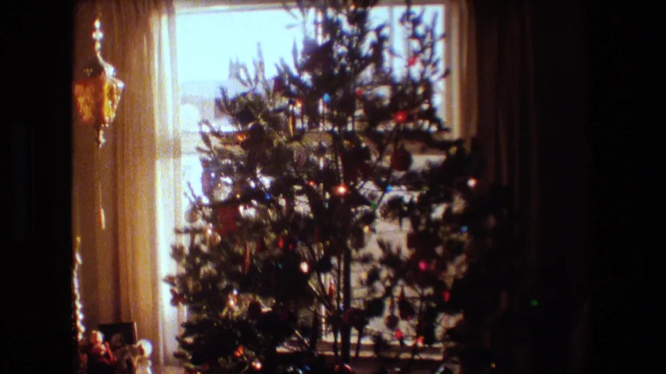 1981 Lansing, Michigan frame with a Christmas tree and ornaments silhouetted against a bright window, with curtains and dark interior framing visible.