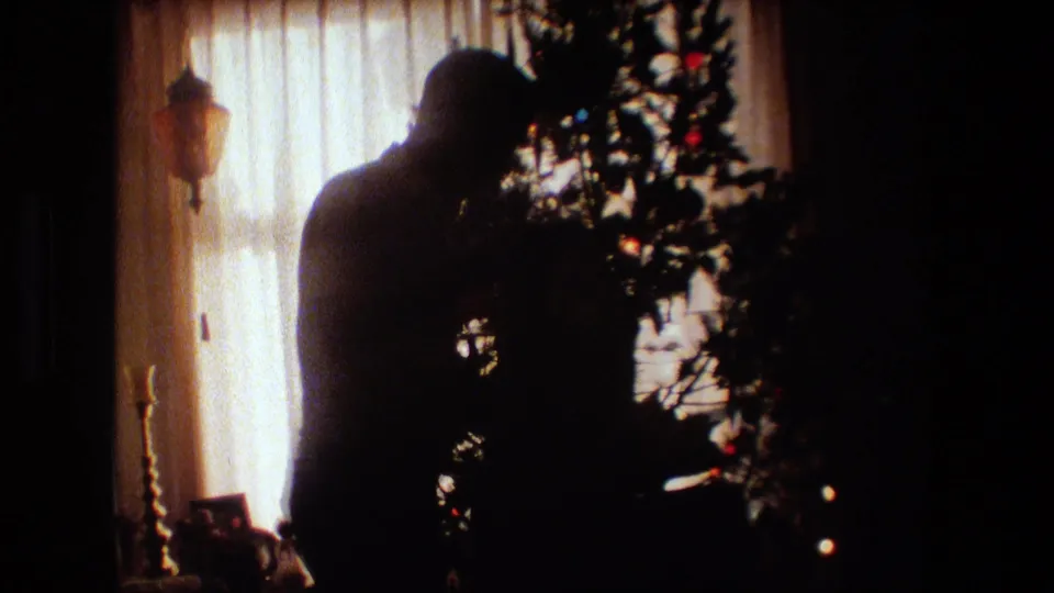 A silhouetted man appears to handle a small object near the Christmas tree, filmed against the bright window in the private Lansing living room.