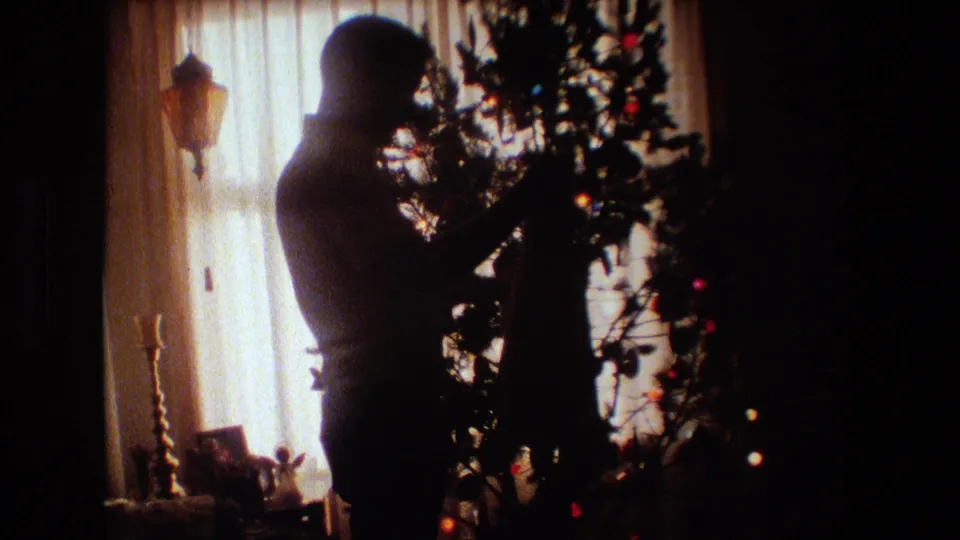 A backlit adult man stands close to a Christmas tree in a private Lansing, Michigan living room, with small colored tree lights or ornaments visible in the dark branches.