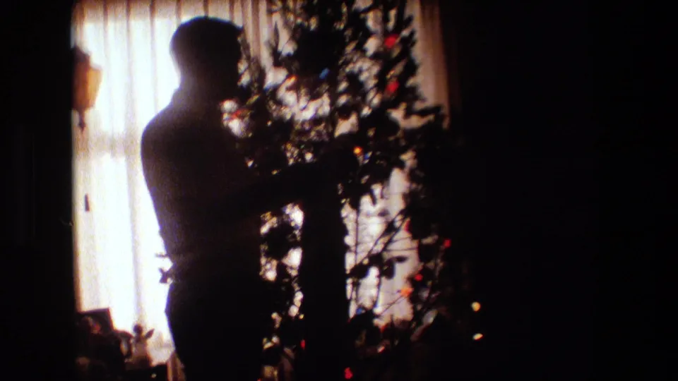 The final frame holds on the man in silhouette facing the decorated Christmas tree, with the bright window and domestic holiday decor behind him.