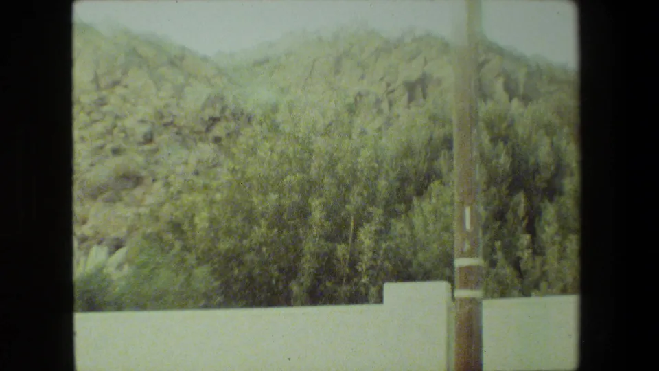 A rocky Malibu hillside with shrubs rises behind a low white wall, with a utility pole visible at the right edge of the 8mm frame.