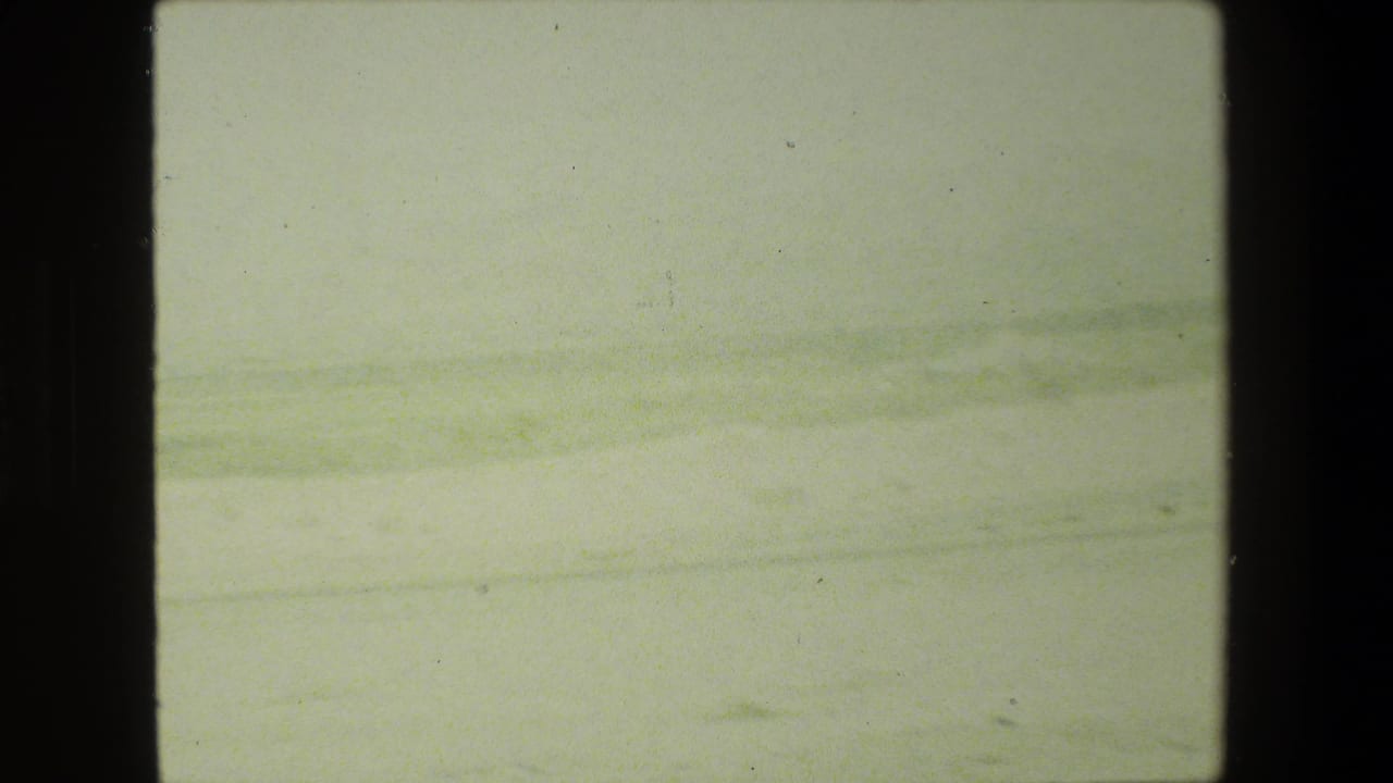 1981 8mm home-movie frame from the Malibu, California metadata showing a hazy roadside landscape through dark interior window edges.
