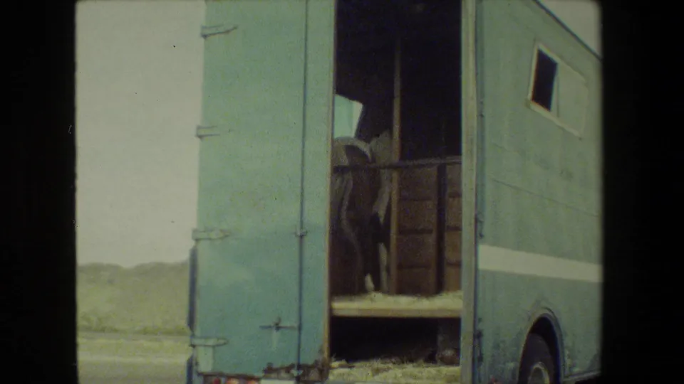 1981 8mm frame showing a light blue horse trailer with its rear doors open and a horse standing inside near an arid roadside landscape.