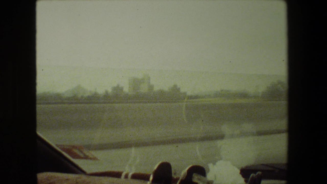 View through a car window toward a hazy roadside landscape and distant trees.