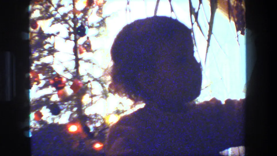 A silhouetted young figure, possibly a child, faces a bright Christmas tree with holiday lights inside the Malibu home.