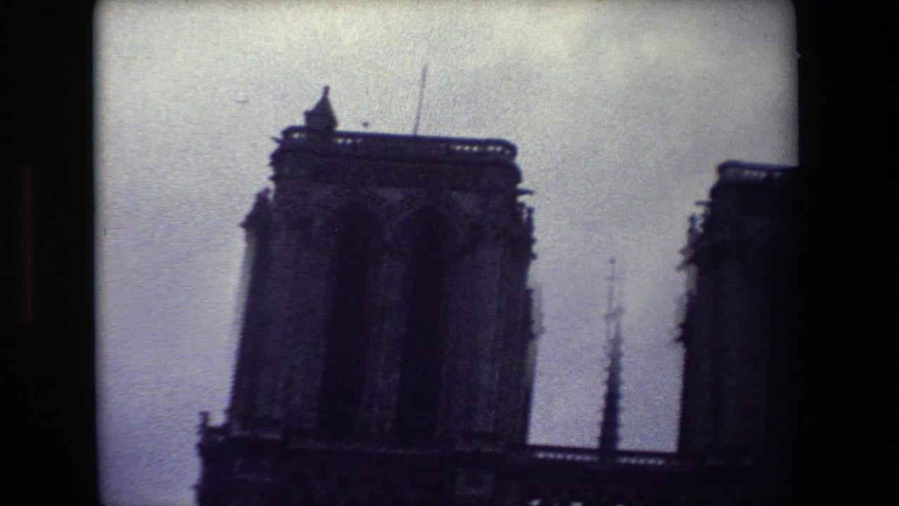Close view of one Notre-Dame tower with the spire and part of the second tower.