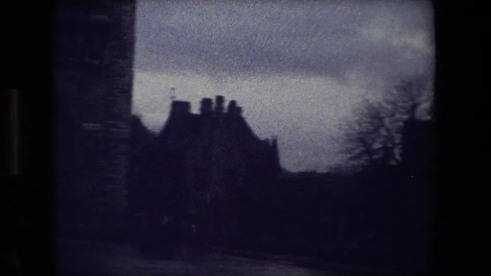 Purple-tinted 8mm view in Paris, 1981, with a dark wall, silhouetted roofline, bare tree, and overcast sky near a cemetery setting.