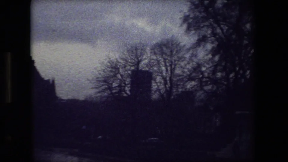 Grainy 1981 Paris cemetery view with bare trees, a dark stone form, and low silhouetted graveyard elements beneath a heavy sky.