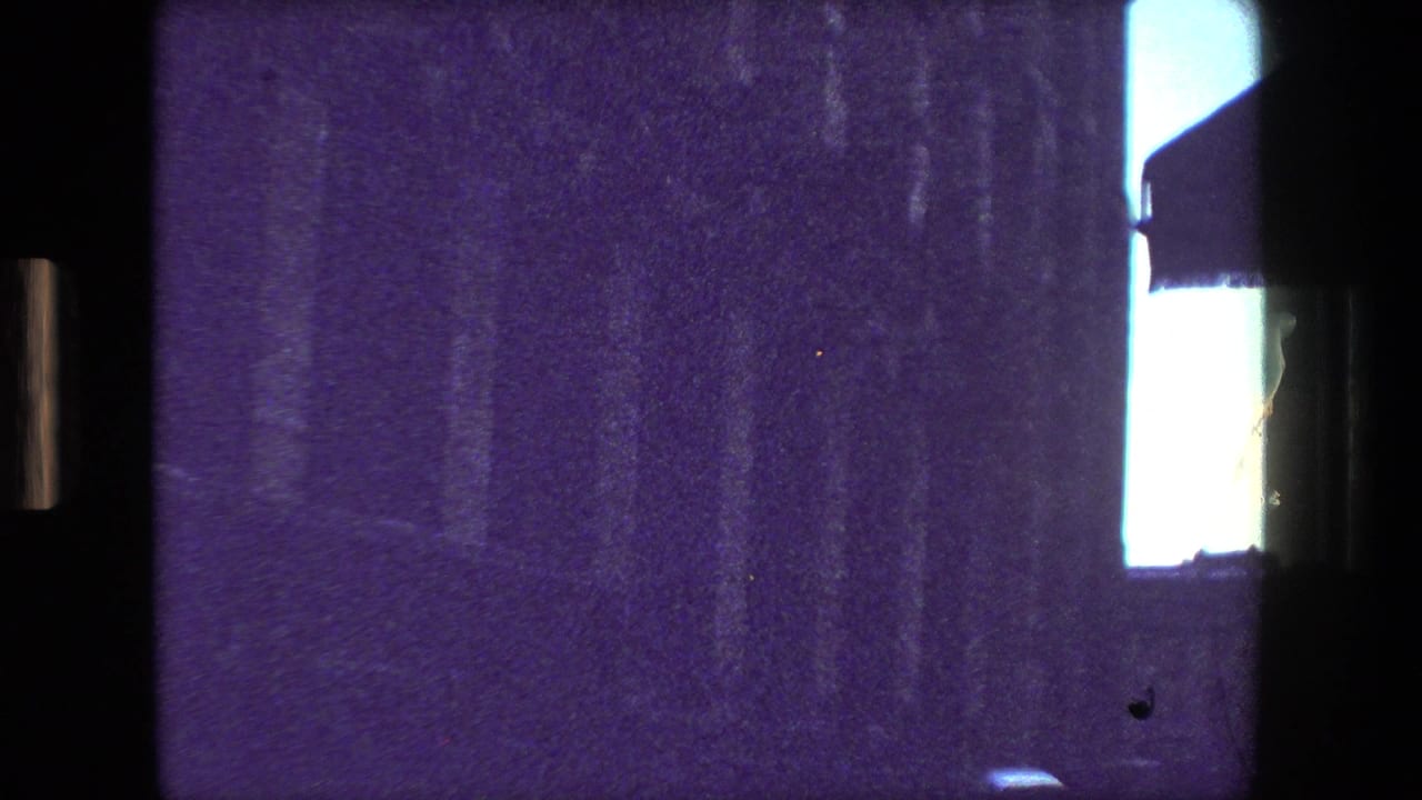 Purple-tinted home-movie frame showing a dark interior edge, a broad wall or facade surface, and a bright vertical window opening in the Paris street-view sequence.