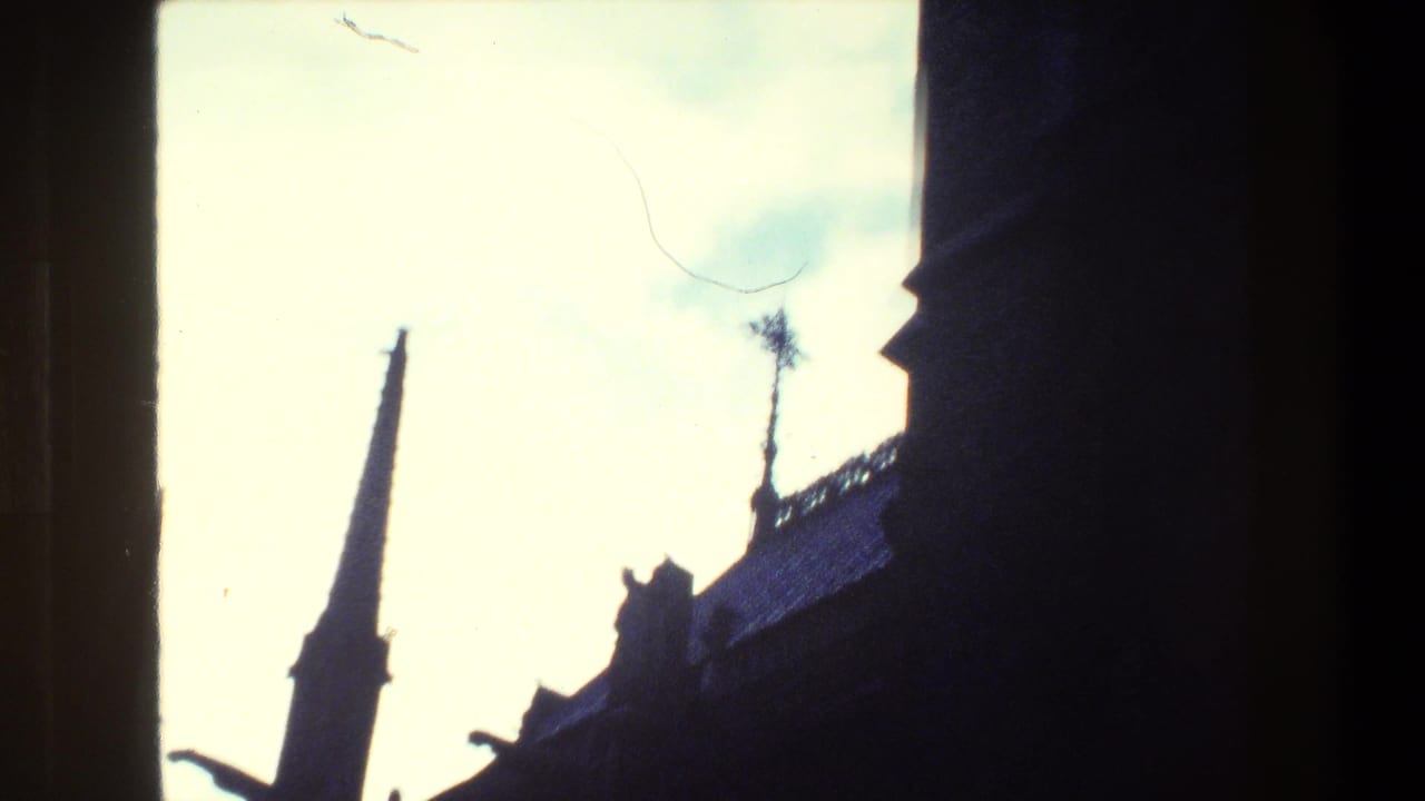 Silhouetted pointed spire and roofline against a pale sky.