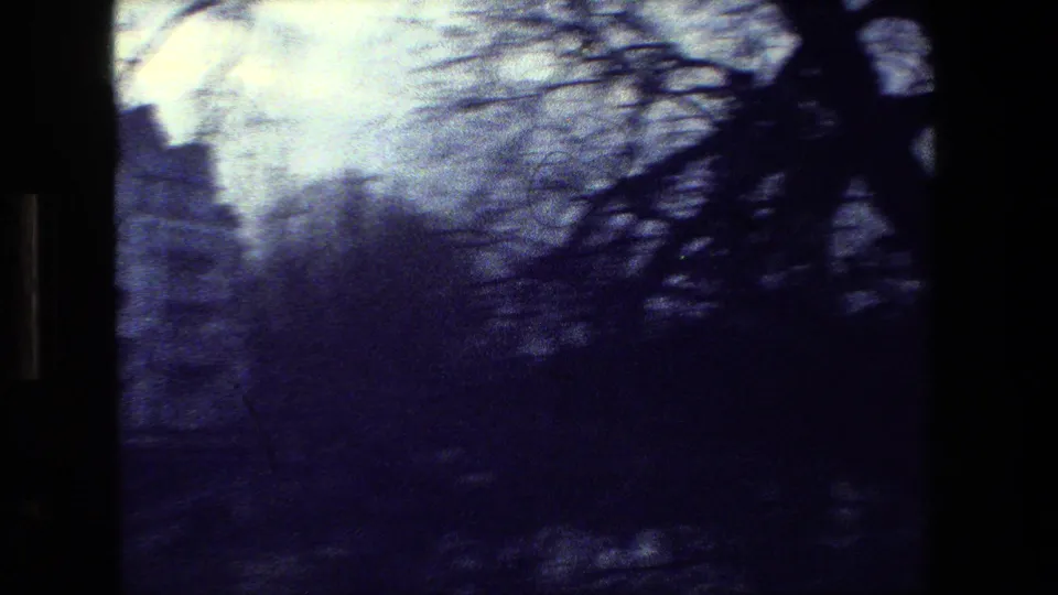 Soft, dark 1981 Paris riverfront frame with bare tree branches, water, and indistinct distant structures in a handheld composition.