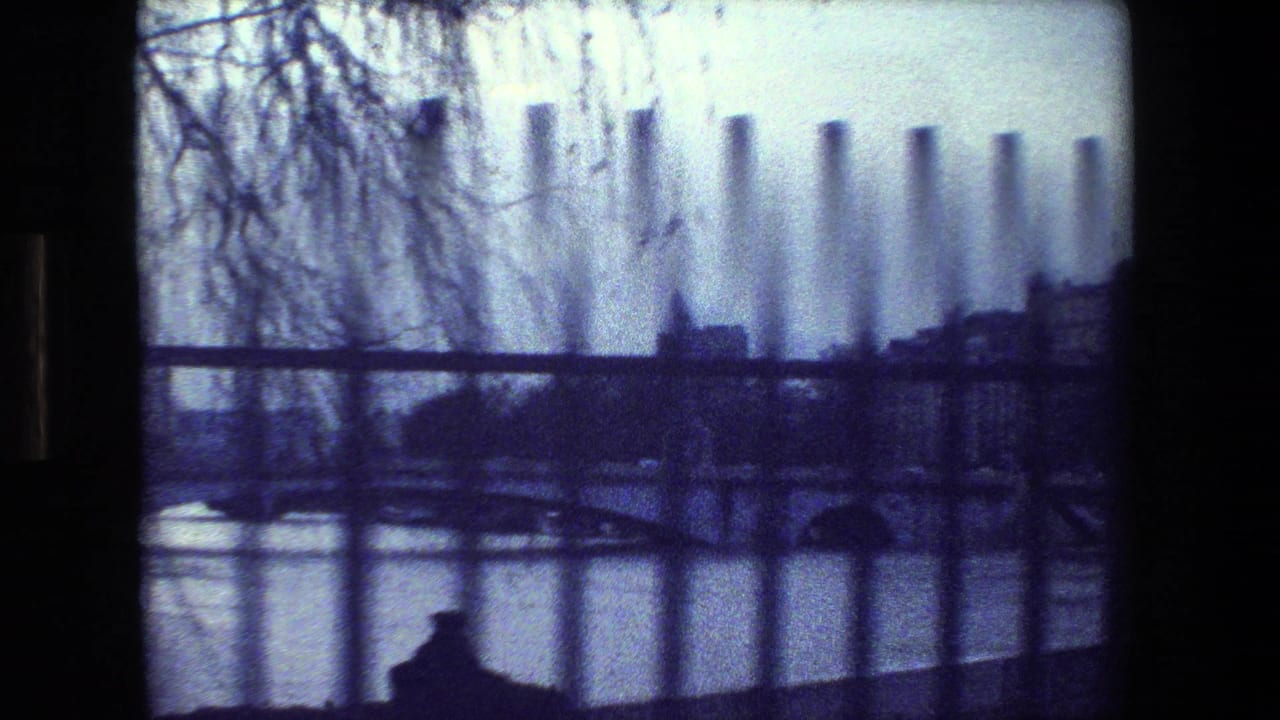 A grainy 1981 Paris 8mm frame looks through vertical fence bars toward a river, bridge, bare branches, and a small dark passerby silhouette.
