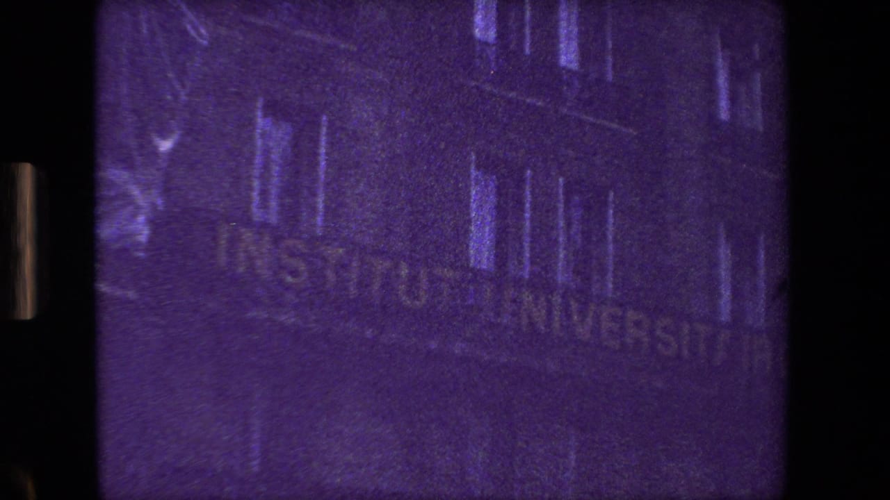 Building facade with a partially legible sign reading Institut Universitaire in a purple-tinted frame.