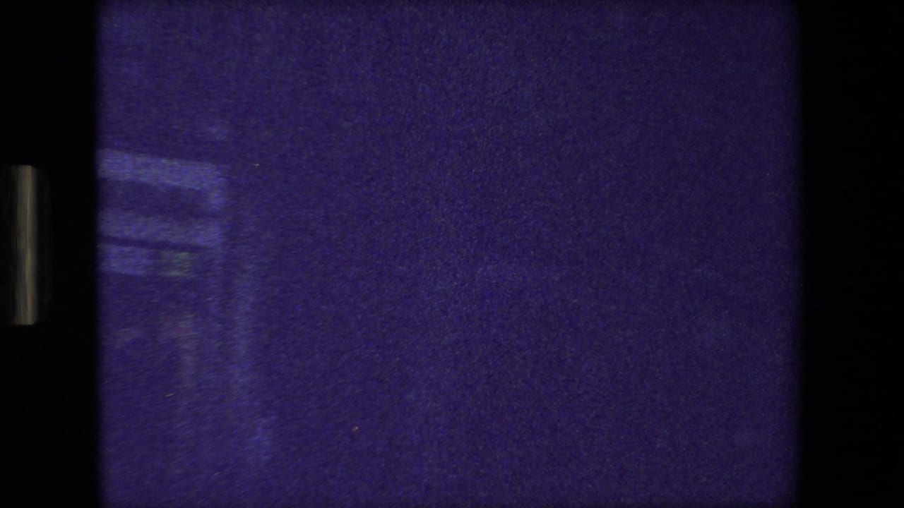 Dark, indistinct window view with a large purple field and faint vertical detail.