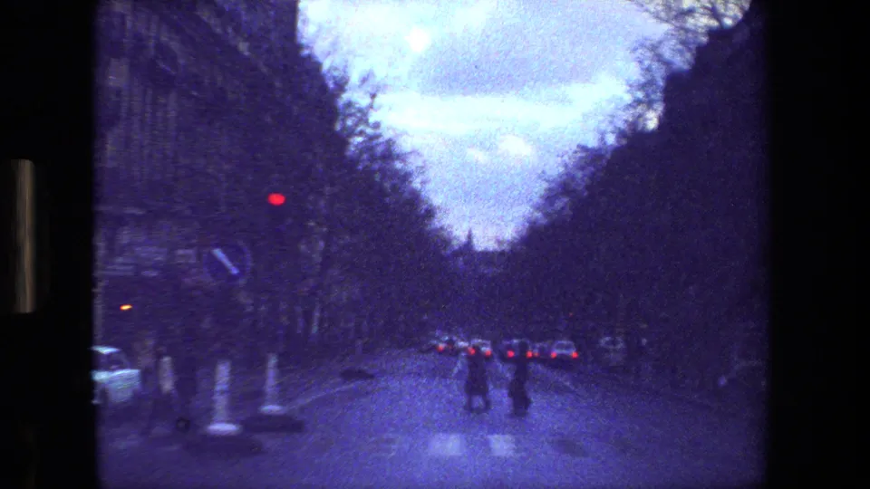 1981 Paris boulevard view with pedestrians crossing or walking near the road, cars ahead, a red traffic signal, and tall dark trees along both sides.