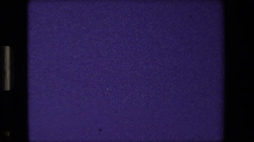 Purple-blue 8mm frame at the opening of the 1981 Paris home-movie clip, showing mostly blank exposure or leader-like material with visible film borders.