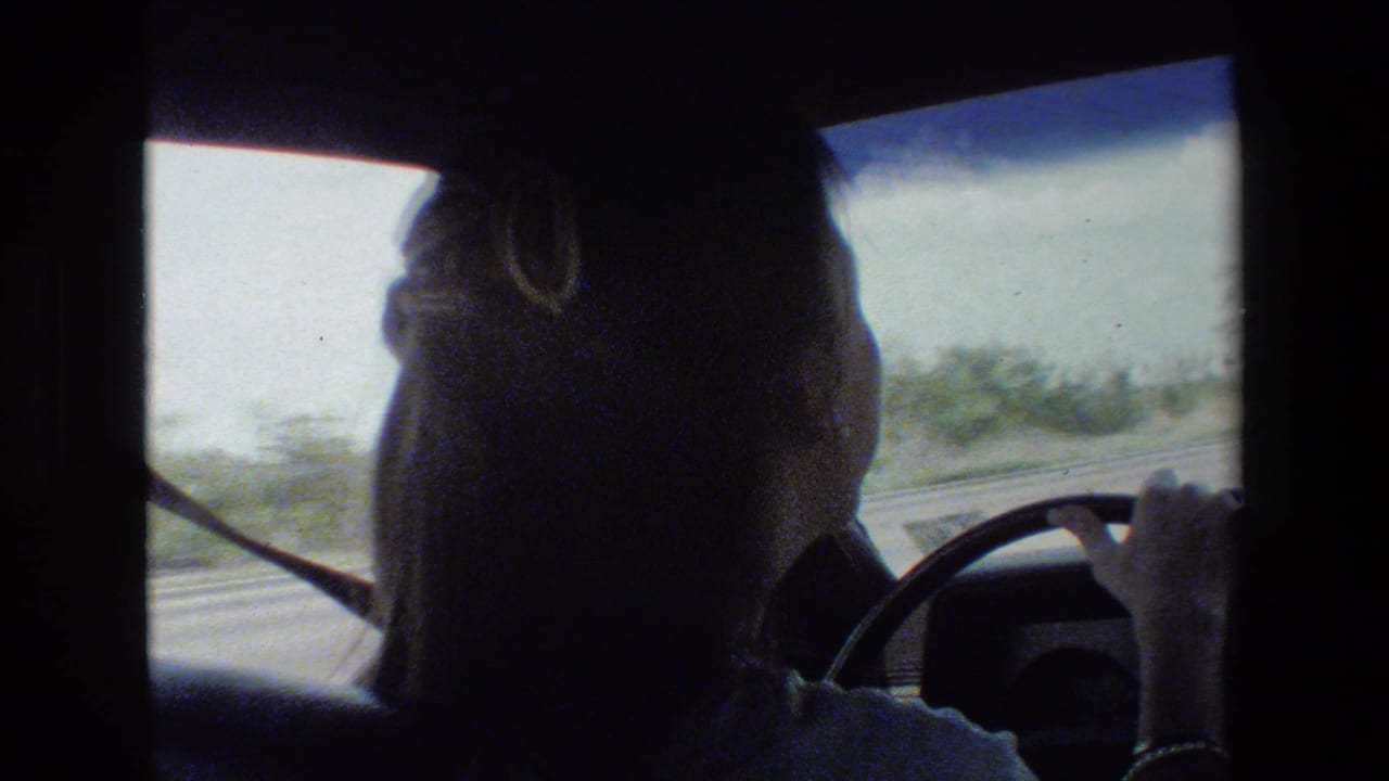 Driver seen from behind inside a moving car.