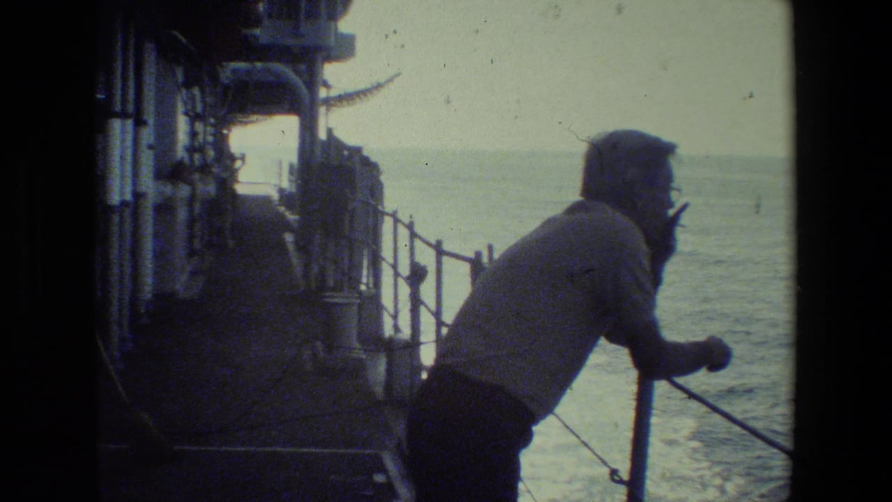 Man in a light shirt leans on a ship railing beside the ocean.