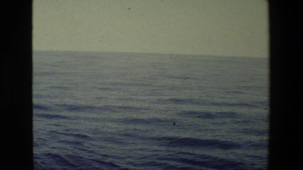 Steady 8mm view over open water toward a low horizon, with muted blue-green color, small waves, and visible film specks.
