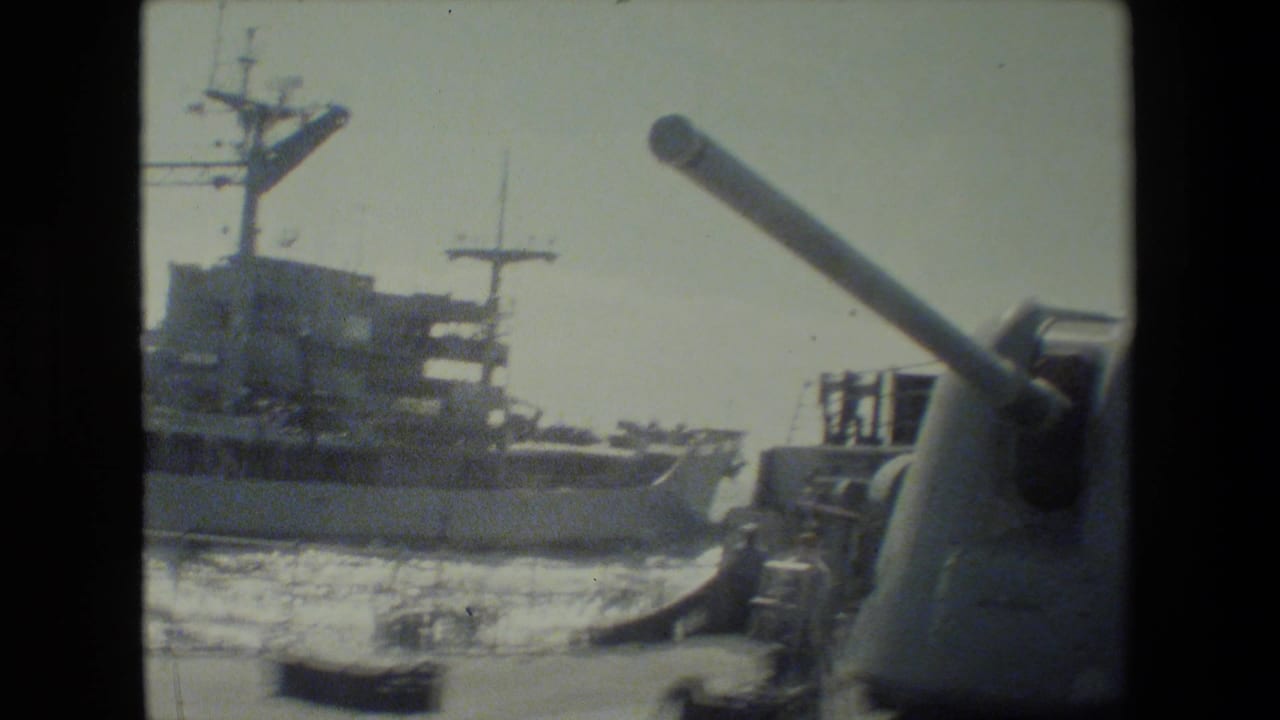 Large gun turret at right with a naval ship and wake or harbor water in the background.