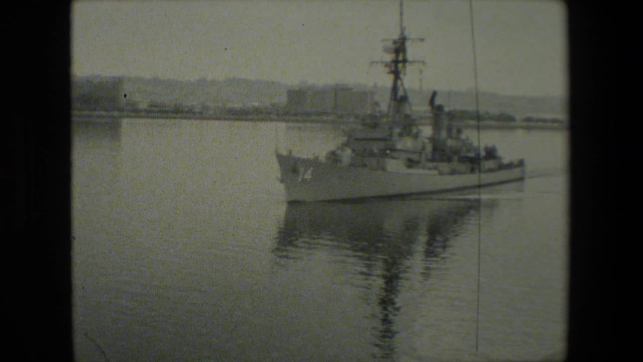 Gray naval warship on calm harbor water with shoreline buildings in the distance.