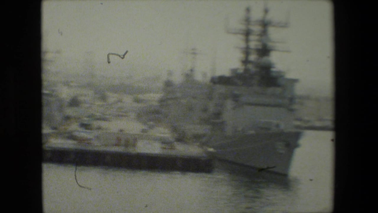 Large warship at right with more docked ships and piers across the harbor.