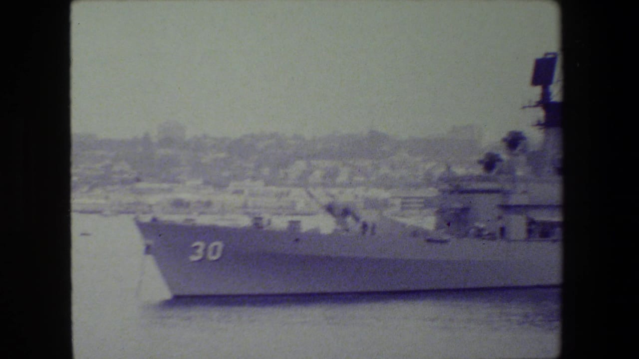 A gray military ship marked with hull number 30 sits in harbor water, with radar equipment and a hazy shoreline visible in the background.
