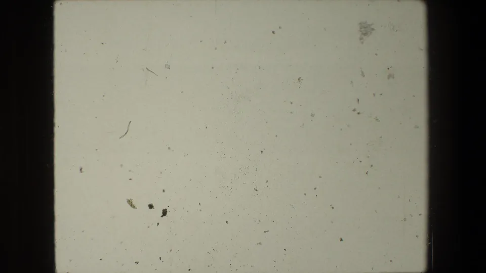 Blank 8mm end-of-reel frame showing faded pale stock, dirt marks, scratches, and the dark edge of the film gate.