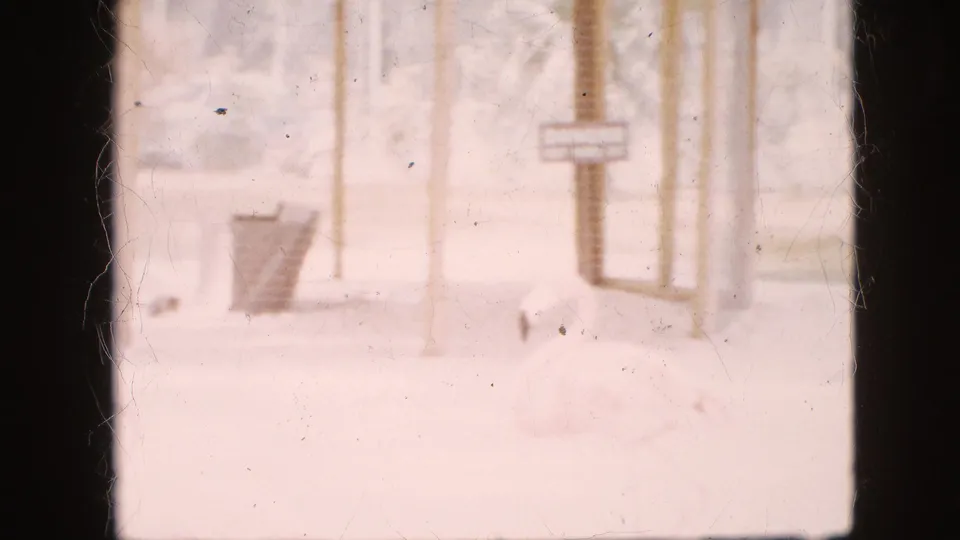 1958 Pennsylvania 8mm frame showing a zoo exhibit area with a small sign, vertical posts, a trash can, and pale flamingos partly visible near the lower edge.