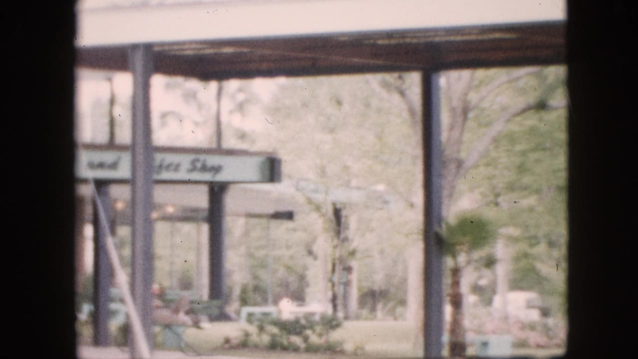 1958 Pennsylvania 8mm frame looking through dark window mullions toward a soft-focus sign that appears to read "Cafe Shop" and surrounding trees.