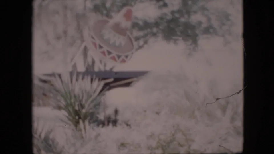 A colorful sombrero-style garden decoration appears among bushes and leafy plants in the supplied 1958 Pennsylvania home-movie setting.