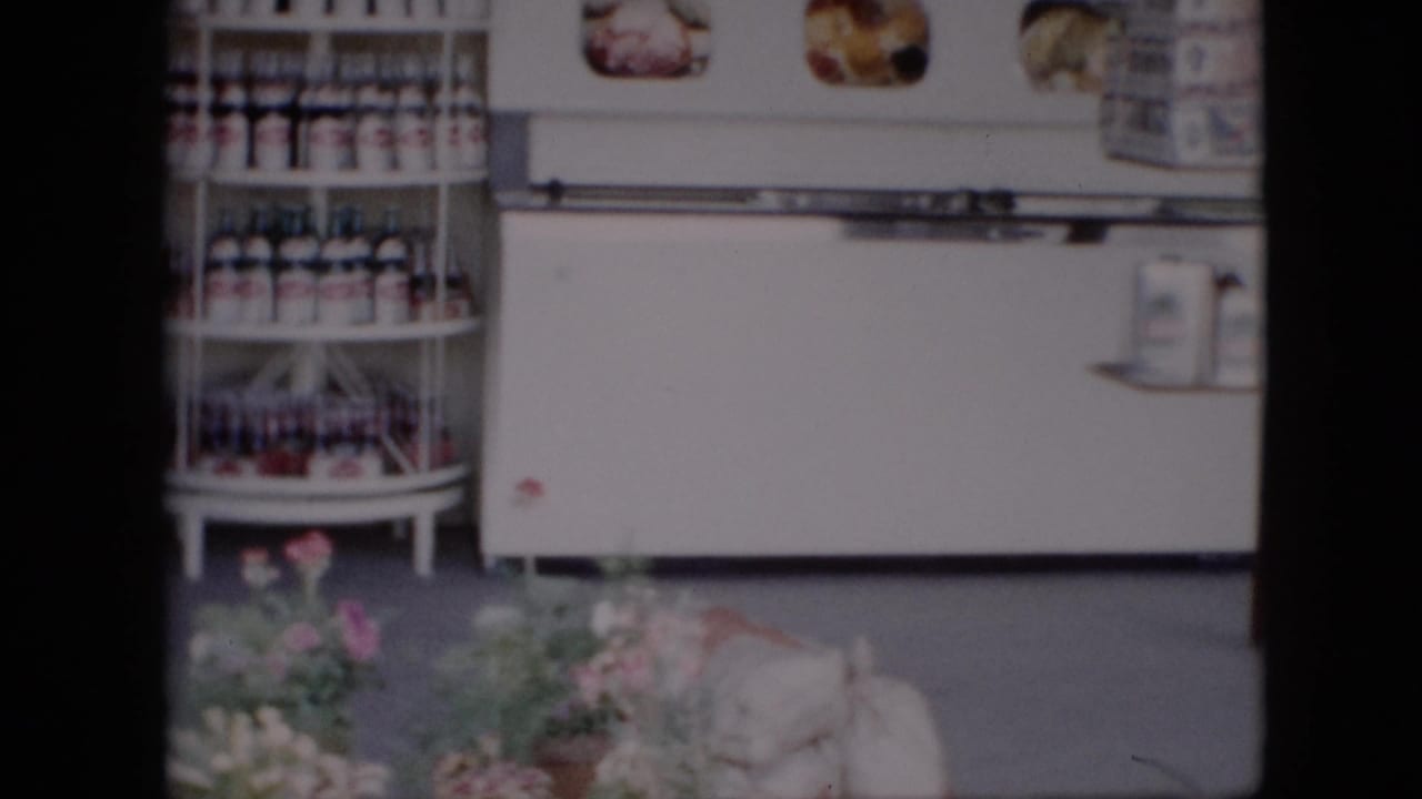Store display area with a white refrigerated case, shelves of goods, bottles, and flowers in the foreground.