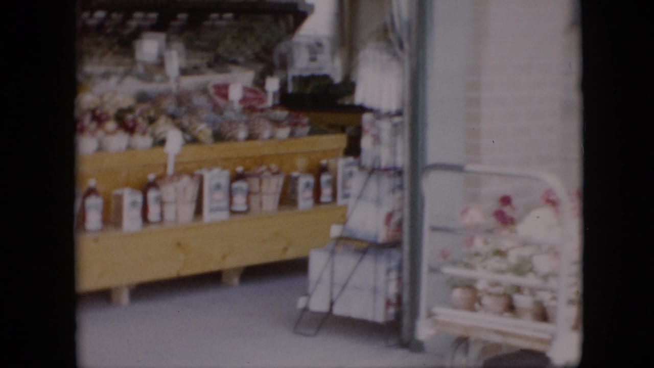 Grocery store shelves and flower display seen through a glass storefront.