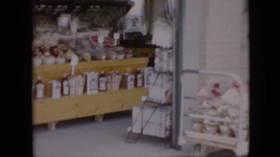 1958 Pennsylvania 8mm frame showing a grocery storefront with wooden shelving, goods on display, flowers, and a faint reflected car outside.