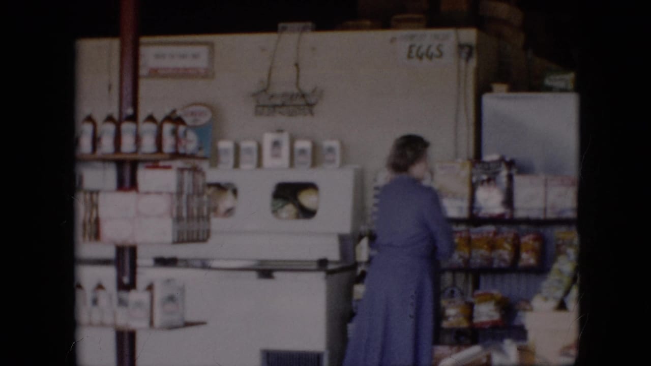 Woman in a blue dress appears near shelves of packaged goods and a white refrigerated case inside a 1958 Pennsylvania grocery store.