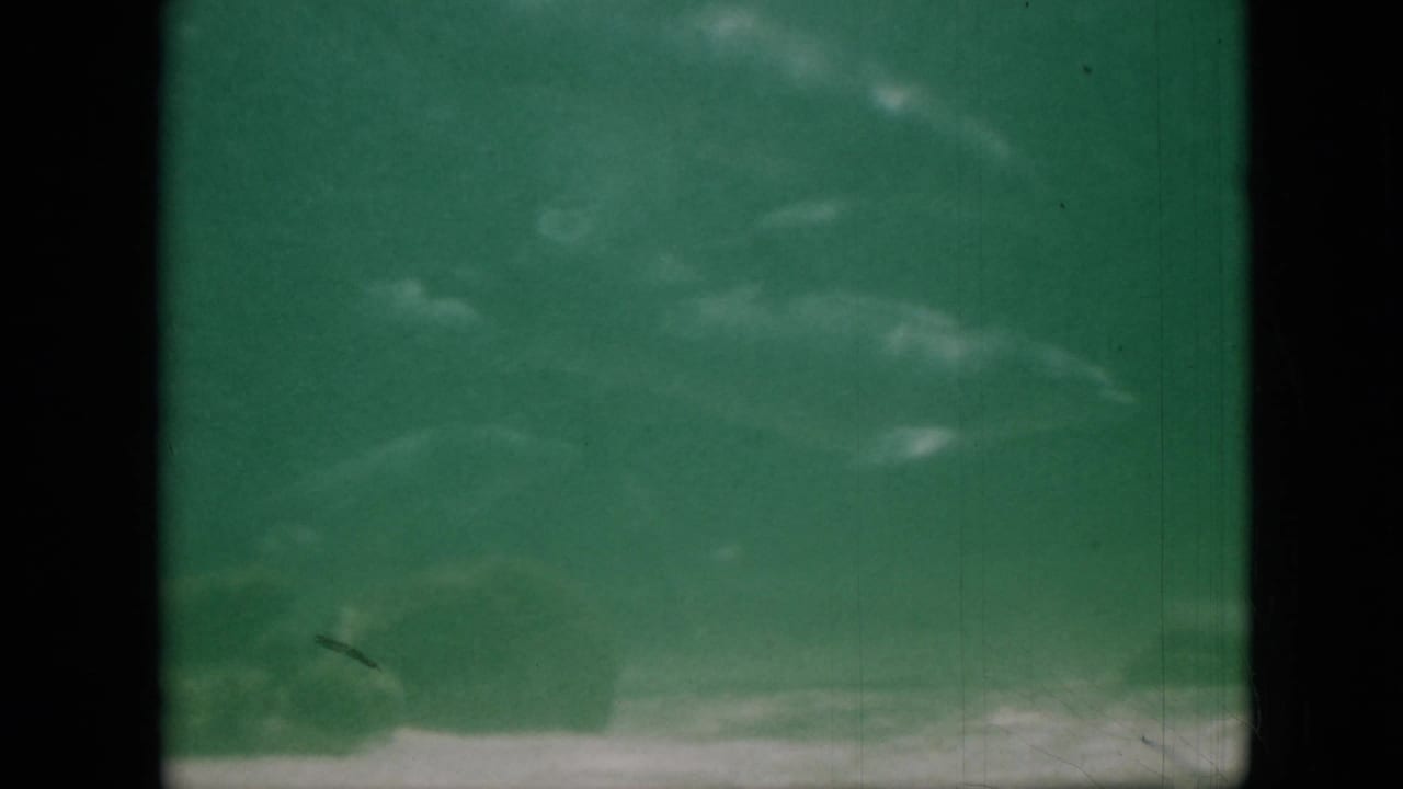 1958 Pennsylvania 8mm frame with green-tinted water, indistinct fish-like shapes near the lower edge, and heavy gate-edge shadowing.