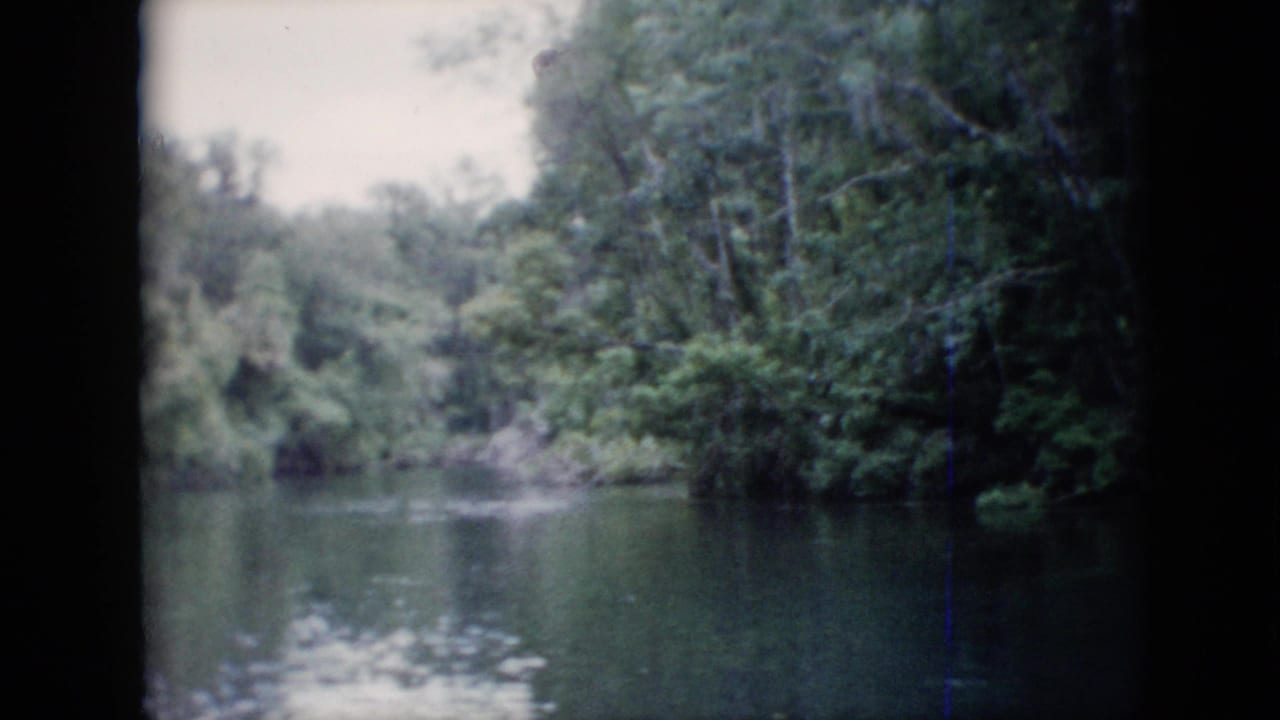 1958 Pennsylvania 8mm home-movie frame looking along a calm river or creek bordered by dense green trees and shaded banks.