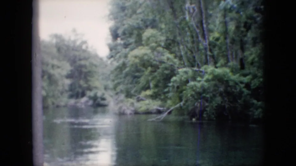1958 Pennsylvania 8mm frame of a quiet river bend surrounded by dense trees, pale sky, and soft reflected light on the water.