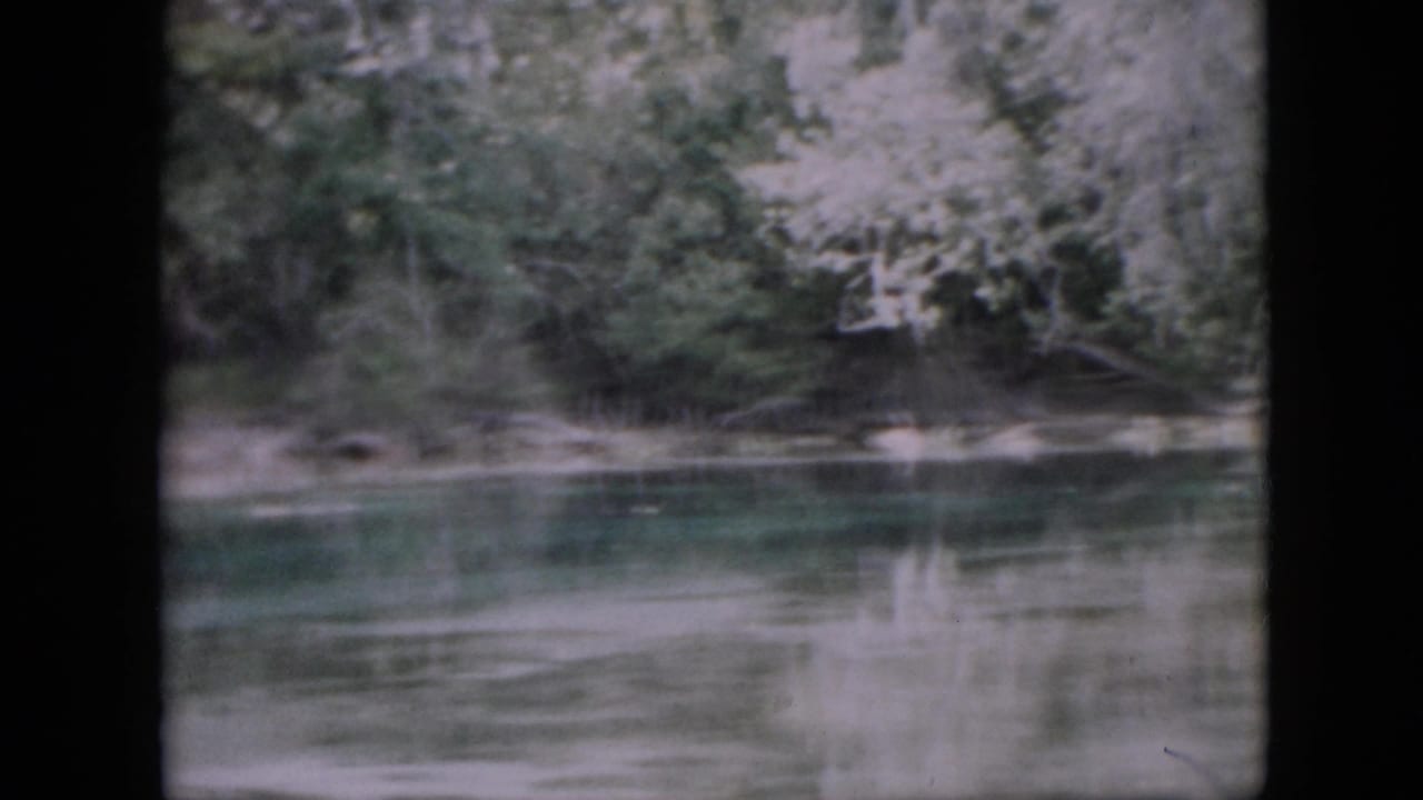 1958 Pennsylvania 8mm frame showing calm green-blue water, faint reflections, and a dense wooded shoreline viewed from the water.