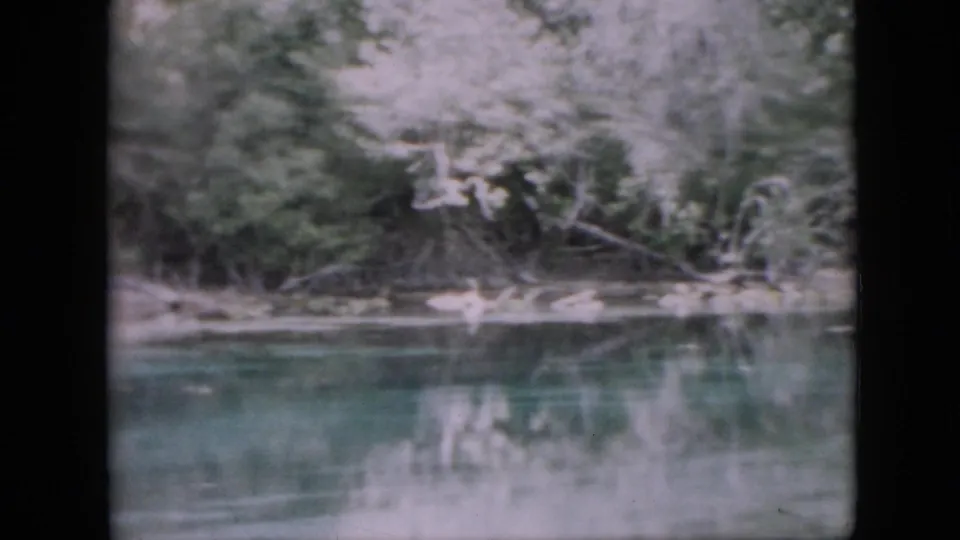 1958 Pennsylvania 8mm frame looking across calm turquoise water toward trees, brush, and a pale shoreline.