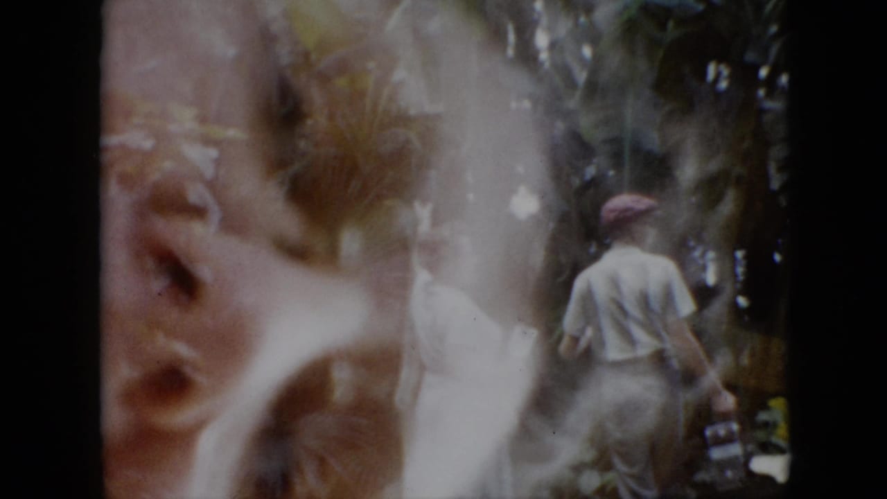Adult man in red cap walking through foliage as another adult figure is partly obscured by reflection.