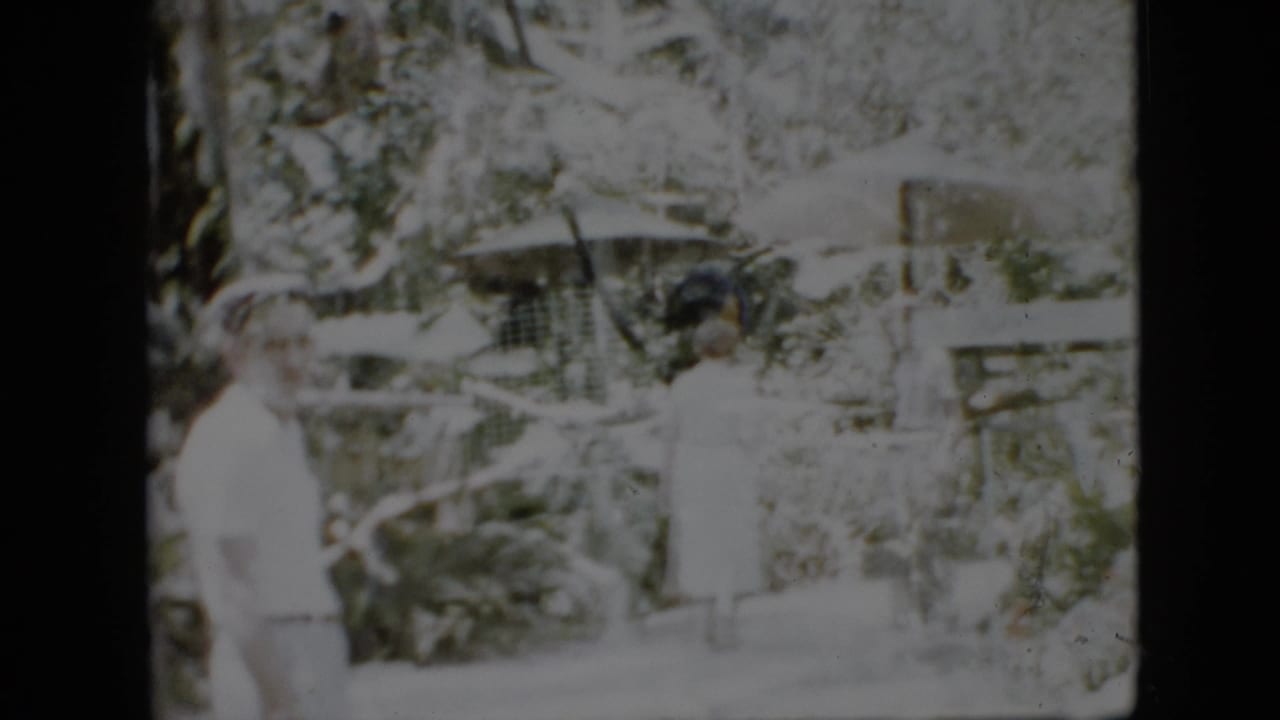 A 1958 Pennsylvania 8mm frame shows adults moving through a planted outdoor area, with pale clothing, possible umbrellas, and bright faded exposure.