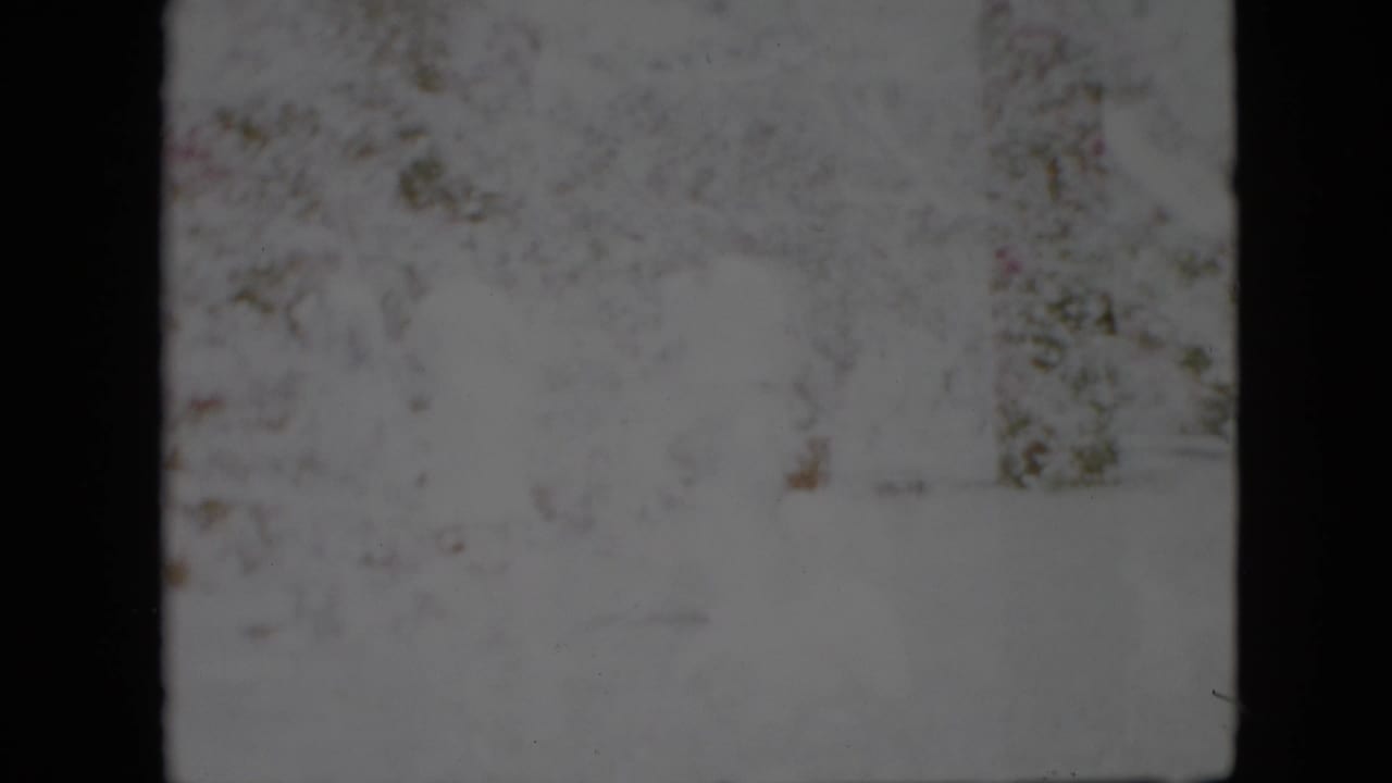 Faded 1958 Pennsylvania 8mm home-movie frame showing a bright outdoor garden or yard with faint distant figures near the bottom of the frame.