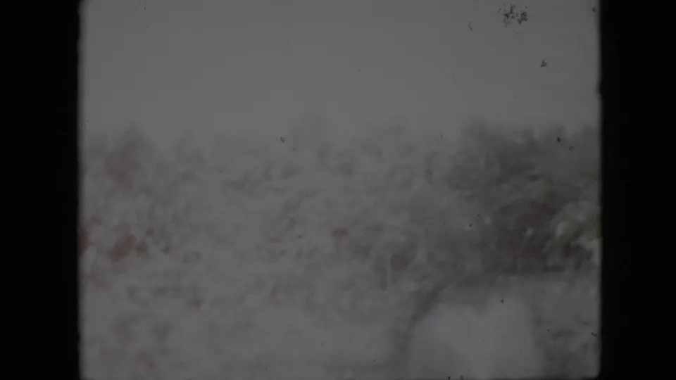 Soft 1958 Pennsylvania 8mm frame showing snow-covered brush and a faint partial human silhouette near the lower edge under a double-exposed image layer.
